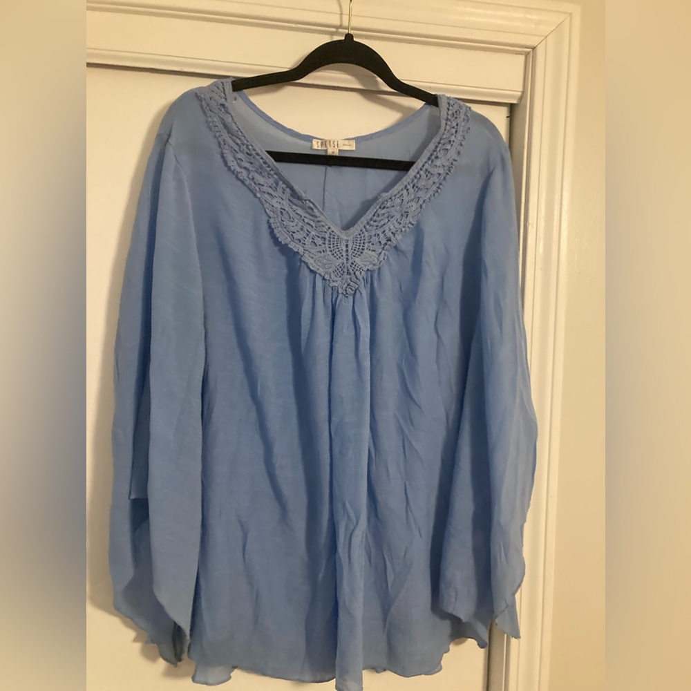 Plus Sized Light Blue Bohemian long sleeve Blouse